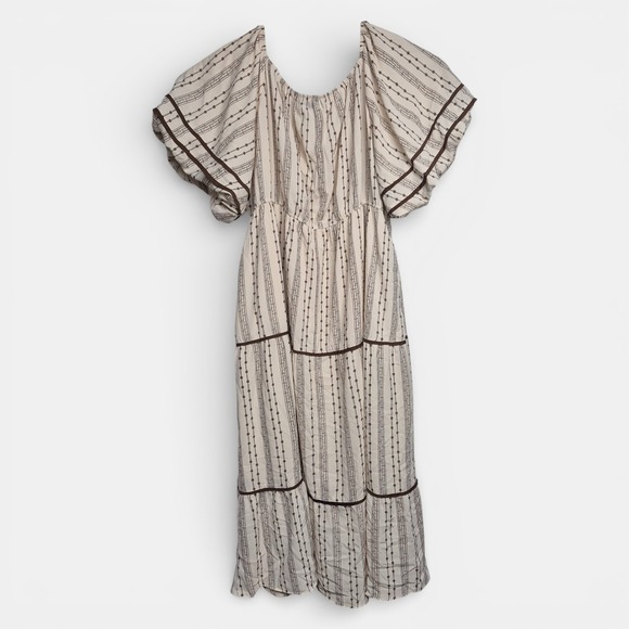 Polagram Womens 3XL Cream Brown Stripe Tiered Midi Dress Puff Sleeve PSD5124-X - Picture 6 of 9